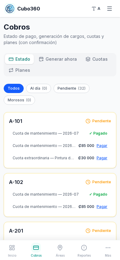 Cubo360 — módulo de cobros